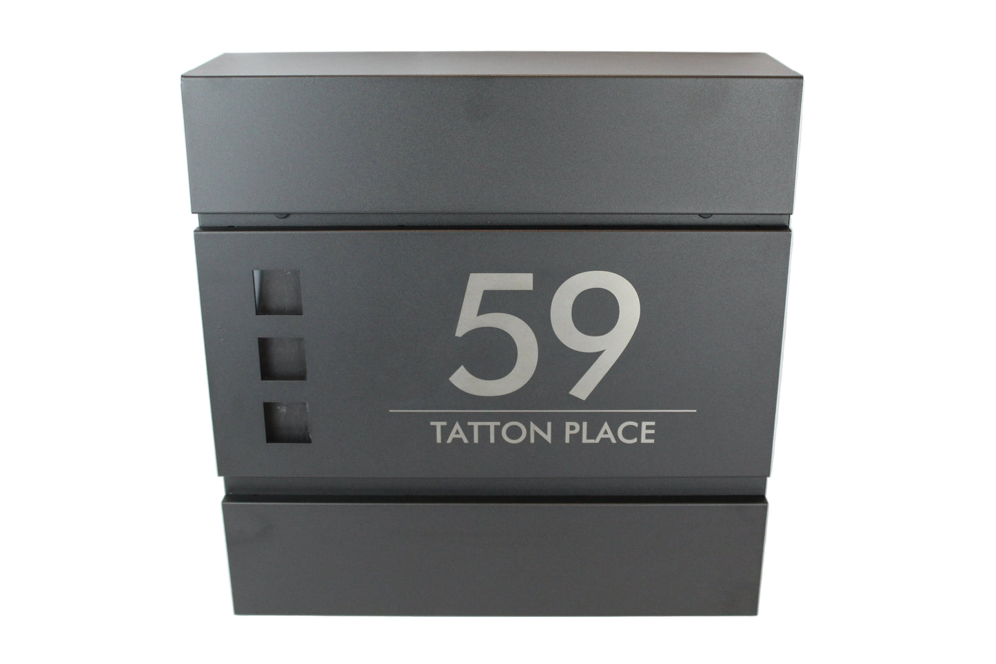 Personalised black mailbox with house number and address engraved