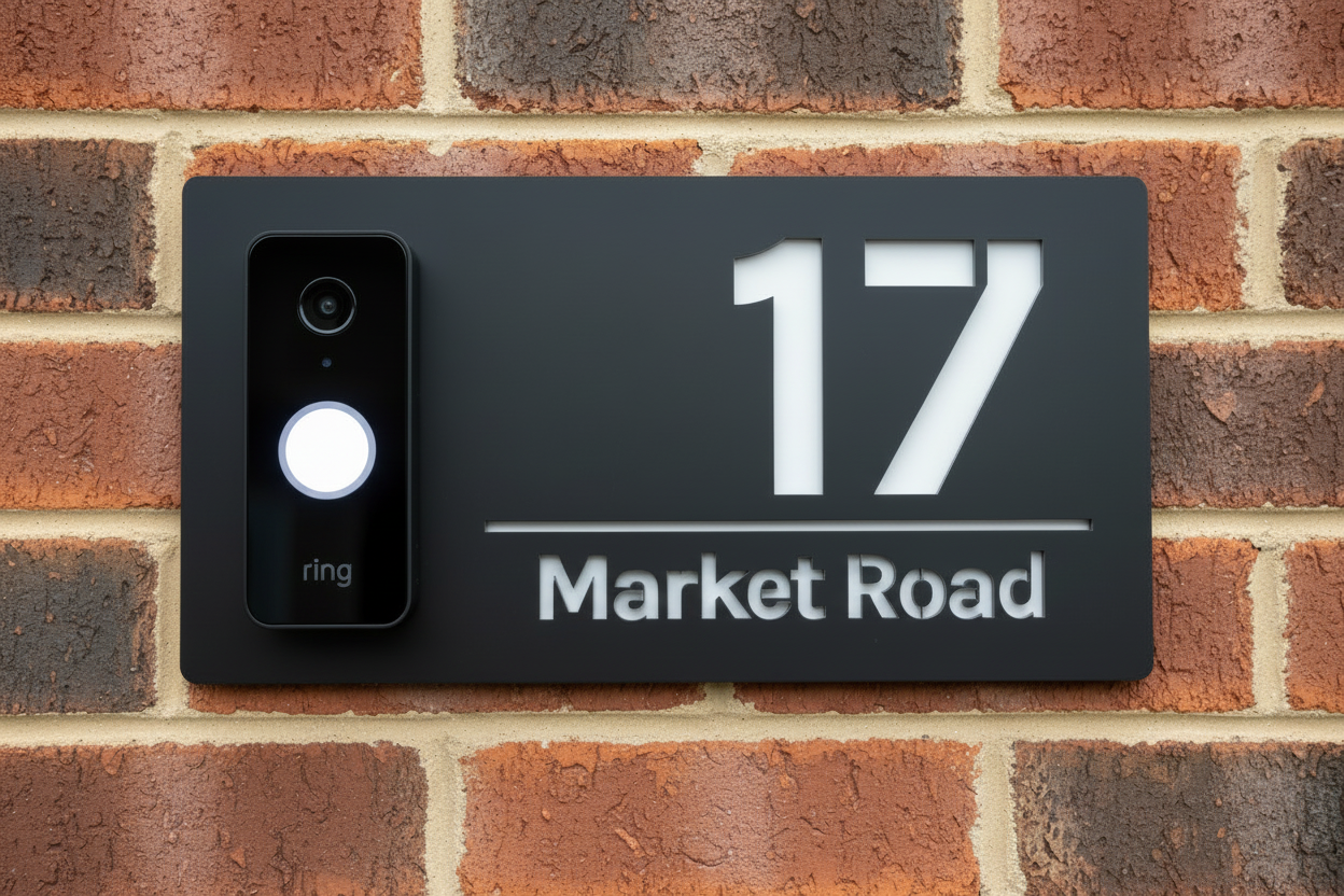 House number sign with mounted door bell space 