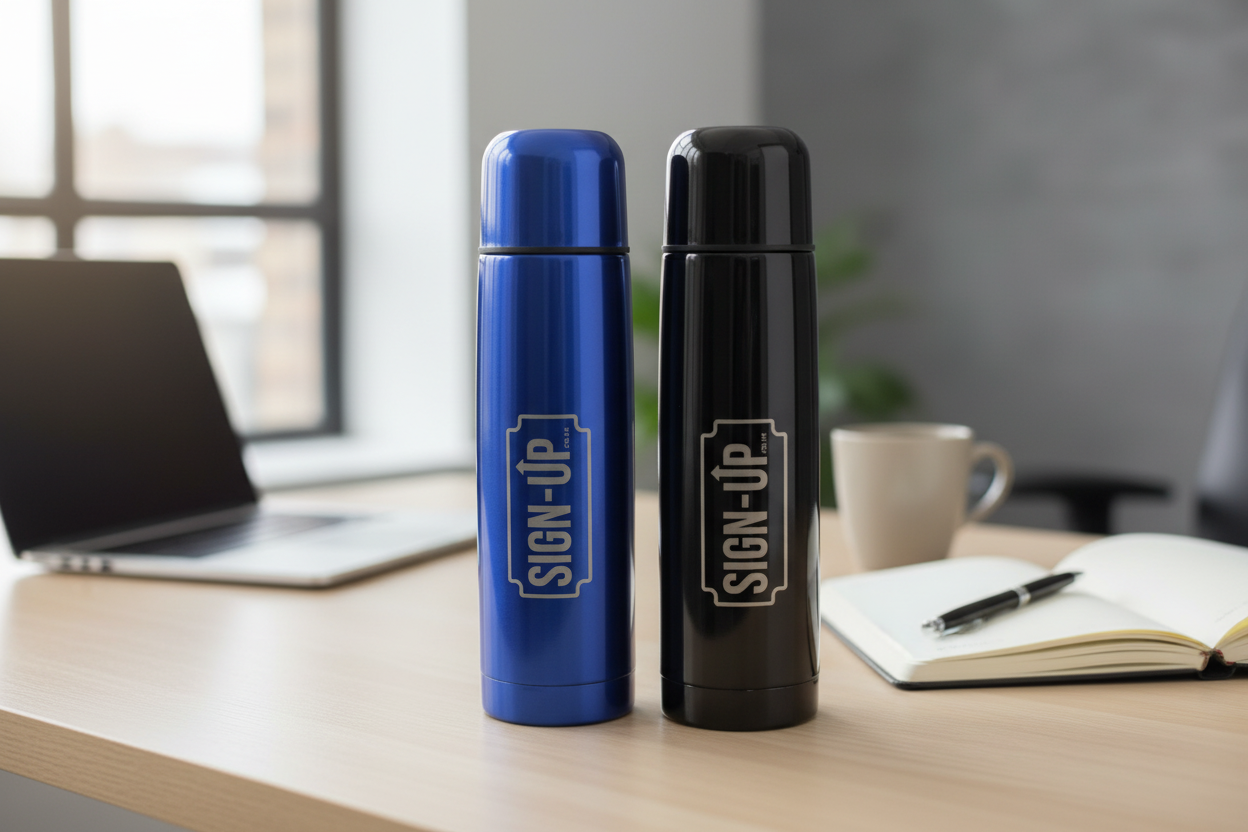 business branded Logo engraved drinks flask on a desk