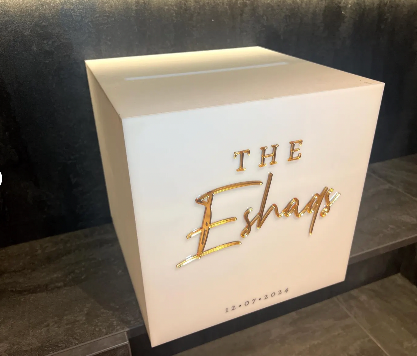 Gloss White Wedding Card Box with Gold Text