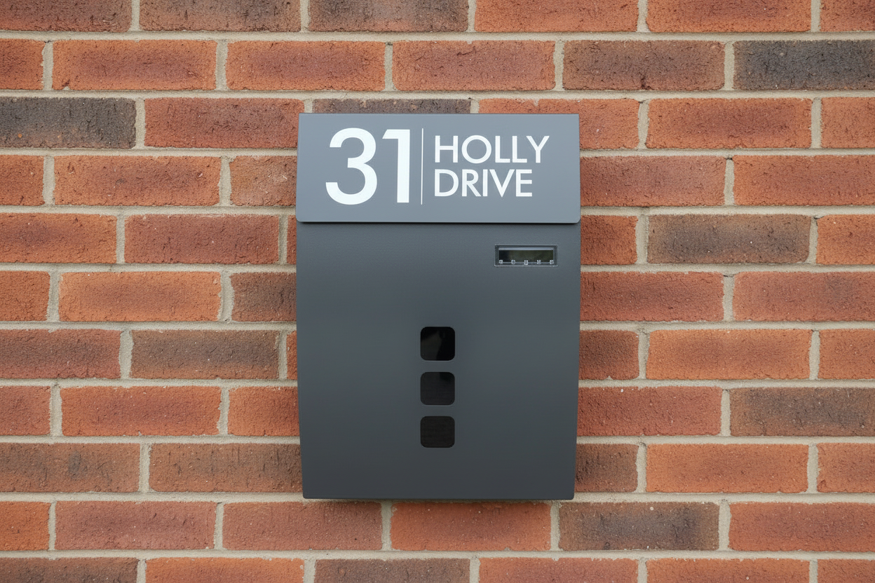 Gray mailbox with house number and name on a brick wall