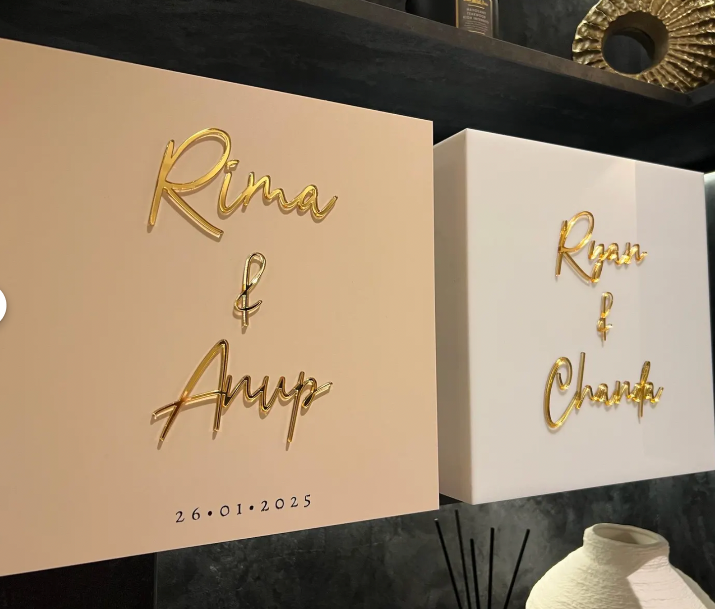 Matt White Peach Wedding Card Box with Gold Text