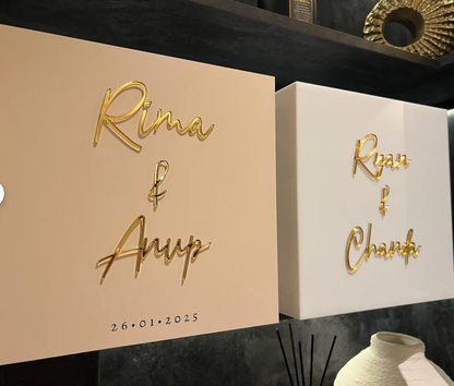 Matt White Peach Wedding Card Box with Gold Text
