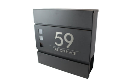 Personalised black mailbox with house number and address engraved