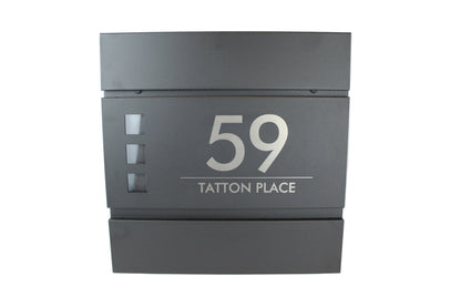 Personalised black mailbox with house number and address engraved