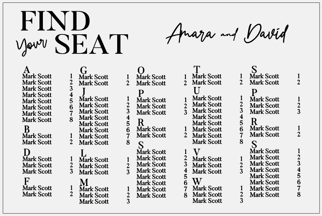Wedding Seating Plan - A-Z Find Your Seat