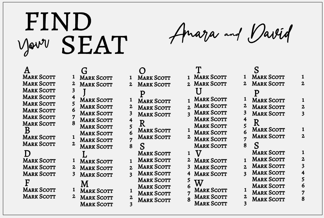 Wedding Seating Plan - A-Z Find Your Seat
