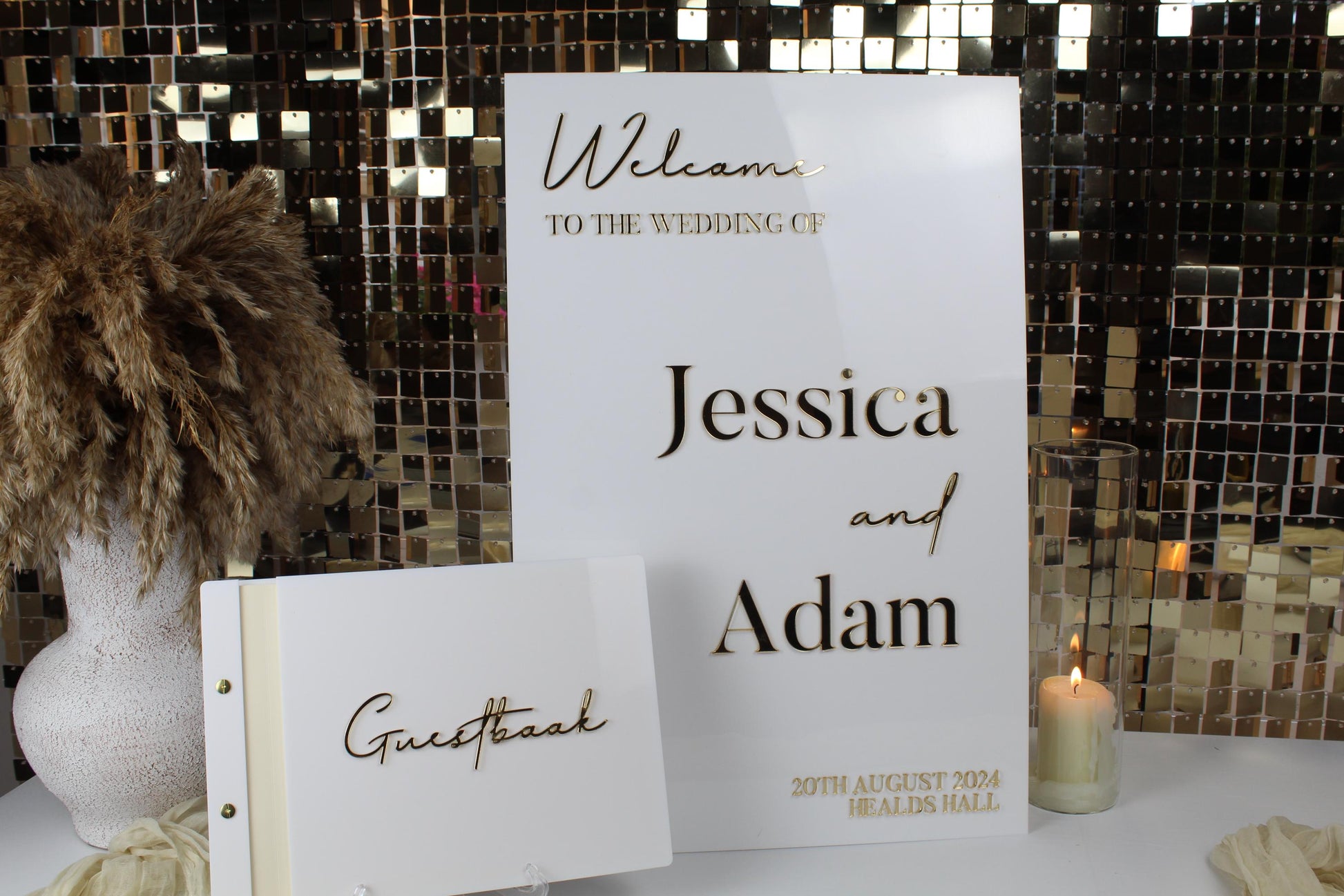 white and gold wedding sign