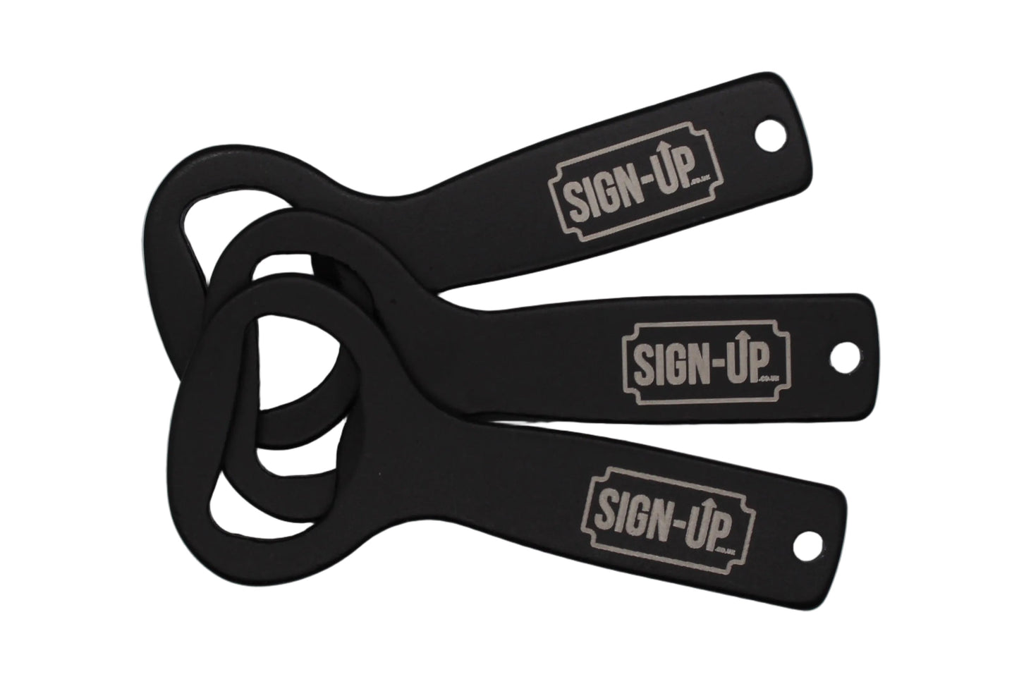 black branded bottle opener with company logo engraved