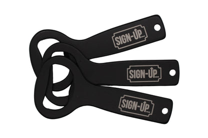 black branded bottle opener with company logo engraved