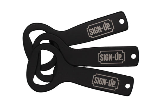 black branded bottle opener with company logo engraved