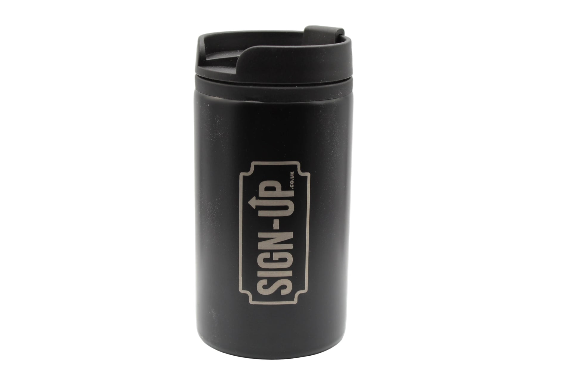 Black tumbler with branded logo on