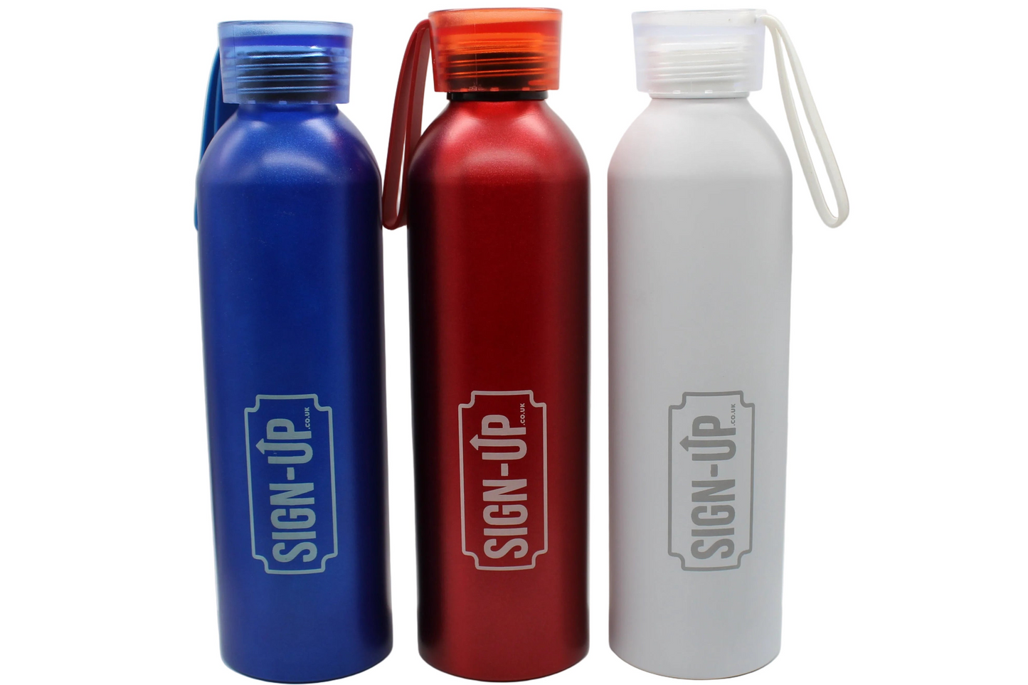 Three water bottles in blue, red, and white with logo branding 