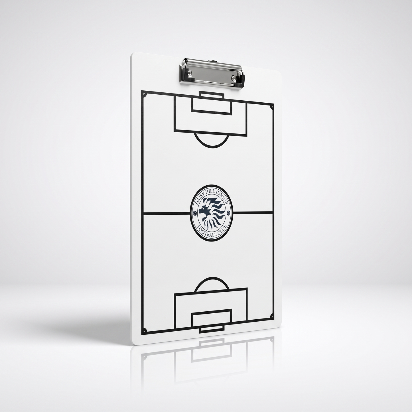 Personalised football tactics clipboard with club crest in the centre circle